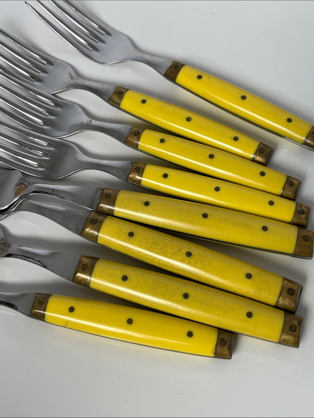 Vintage Bonniers France Yellow Handle Fork Set Brass Accent French Flatware - Picture 6 of 9